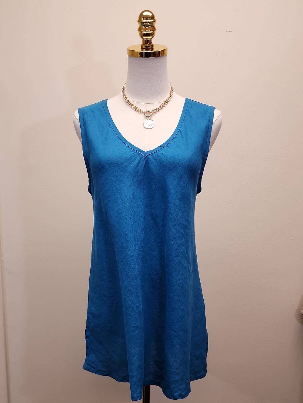 FLAX Linen Sleeveless Tank Top Blue V Neck Lagenlook Minimalist Size Small